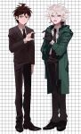  2boys ahoge black_footwear black_jacket black_necktie black_pants brown_eyes brown_hair closed_mouth collared_shirt danganronpa_(series) danganronpa_2:_goodbye_despair danganronpa_3_(anime) formal full_body green_jacket grey_hair hair_between_eyes hand_in_pocket heart heart_hands highres hinata_hajime jacket komaeda_nagito male_focus medium_hair messy_hair monigechan multiple_boys necktie open_clothes open_jacket open_mouth pants shirt shirt_tucked_in standing sweatdrop white_background white_shirt yaoi 