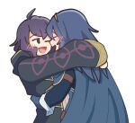  ahoge black_hair blue_hair blush cape coat commission commissioner_upload eyes_of_grima fire_emblem fire_emblem_awakening happy highres hug lucina_(fire_emblem) morgan_(female)_(fire_emblem) morgan_(fire_emblem) namelessakikaze smile yuri 