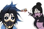  3girls animification apex_legends apex_voidshifter_wraith black_bodysuit black_hair black_sclera blood blue_hair bodysuit cable censored colored_sclera corpse dual_persona english_commentary family_guy_death_pose_(meme) gloves gradient_hair grey_sclera hair_between_eyes hair_bun highres looking_at_viewer meme mosaic_censoring multicolored_hair multiple_girls nsfwolf official_alternate_costume pink_gloves short_hair single_hair_bun sketch two_soyjaks_pointing_(meme) void_specialist_wraith wattson_(apex_legends) wide-eyed wraith_(apex_legends) 