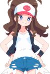  1girl baseball_cap black_vest black_wristband blue_eyes blue_shorts blush bright_pupils brown_hair closed_mouth commentary_request cowboy_shot cutefires eyelashes hands_on_own_hips hat high_ponytail hilda_(pokemon) long_hair looking_down pokemon pokemon_(game) pokemon_bw shirt short_shorts shorts sidelocks simple_background sleeveless sleeveless_shirt smile solo split_mouth vest white_background white_headwear white_pupils white_shirt 