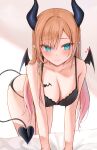  1girl absurdres aqua_eyes bent_over black_bra black_panties blonde_hair blush bra breast_tattoo breasts cleavage closed_mouth collarbone demon_girl demon_horns demon_tail demon_wings heart heart-shaped_pupils highres hololive horns large_breasts long_hair onemuikun-b panties pointy_ears smile straight_hair symbol-shaped_pupils tail tattoo thighs underwear underwear_only very_long_hair wings yuzuki_choco 