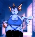  anthro bag big_breasts blue_body breasts cleavage clothed clothing eeveelution female generation_1_pokemon hand_on_hip hi_res holding_bag huge_breasts legwear looking_at_viewer nintendo open_mouth pokemon pokemon_(species) red_eyes shirt solo sonelos tank_top thick_thighs thigh_highs thong topwear underwear vaporeon 