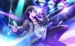  1boy aoyagi_touya black_pants blue_hair colorful_palette dark_blue_hair grey_eyes grin highres holding holding_microphone hood hooded_jacket jacket jewelry long_sleeves male_focus microphone mole mole_under_eye multicolored_hair necklace official_art open_clothes open_jacket outdoors pants project_sekai purple_hood short_hair smile solo split-color_hair teeth third-party_source two-tone_hair zipper 