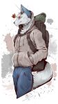  anthro autumn backpack canid canine canis clothed clothing fur hair hi_res kredri leaf male mammal outside simple_background smile solo tail white_body wolf 
