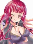  1girl black_cape blush bodysuit breasts cape choker cleavage facial_mark fire_emblem fire_emblem_engage hair_ornament long_hair looking_at_viewer one_eye_closed pink_choker purple_bodysuit red_eyes red_hair rein_rise smile solo star_(symbol) star_facial_mark star_hair_ornament tongue tongue_out yunaka_(fire_emblem) 