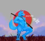  anthro bodily_fluids genital_fluids japan katana kumalowner male melee_weapon nude precum samurai solo sunset sword warrior weapon 