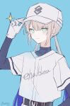  1boy baseball_cap baseball_uniform blue_background blue_hair blush captain_nemo_(fate) closed_mouth clothes_writing fate/grand_order fate_(series) gloves green_eyes grey_hair hair_between_eyes hat long_hair looking_at_viewer low_twintails male_focus multicolored_hair nemo_(fate) sherry_0014 sidelocks simple_background solo sportswear twintails upper_body very_long_hair white_gloves 