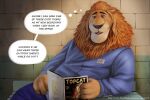  7th_heaven_(artist) anthro disney felid fully_clothed_anthro leodore_lionheart lion magazine male mammal open_mouth pantherine prison_uniform reading signature solo text zootopia 
