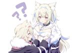  2girls ? ?? animal_ear_fluff animal_ears bandages belt_collar black_jacket blonde_hair blue_eyes blue_hairband breasts cleavage cleavage_cutout clothing_cutout collar confused cropped_jacket dog_ears dog_girl dress fur-trimmed_jacket fur_trim fuwawa_abyssgard grabbing grabbing_another&#039;s_breast hair_between_eyes hair_ornament hairband headphones headphones_around_neck hololive hololive_english jacket large_breasts long_hair looking_at_another medium_hair mococo_abyssgard multicolored_hair multiple_girls open_mouth pink_eyes pink_hairband short_hair siblings sisters spiked_collar spikes streaked_hair torinokawori twins twintails virtual_youtuber white_dress x_hair_ornament 