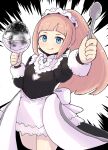  1girl :q black_dress blue_eyes brooch dress felicia_(fire_emblem) fire_emblem fire_emblem_fates food holding holding_spoon jewelry kutabireta_neko light_brown_hair long_hair looking_at_viewer maid maid_headdress ponytail shaved_ice smile solo spoon tongue tongue_out 