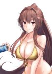  alternate_costume bikini breasts brown_eyes commentary_request front-tie_bikini_top front-tie_top gold_bikini hair_intakes highres kantai_collection large_breasts long_hair mesera ponytail simple_background smile swimsuit upper_body white_background yamato_(kancolle) 