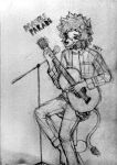  2023 anthro bottomwear clothed clothing felid fully_clothed greyscale grin guitar happy hi_res lion male mammal marrelbarrel matt_(scratch21) microphone monochrome musical_instrument pantherine pants plucked_string_instrument scratch21 shirt simple_background sitting smile solo string_instrument text topwear traditional_media_(artwork) 