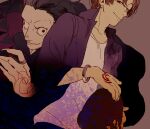  2boys black_eyes bracelet collared_shirt command_spell dutch_angle evil_smile fate/zero fate_(series) fingernails gilles_de_rais_(caster)_(fate) hair_slicked_back hand_up head_out_of_frame jewelry large_hands layered_shirt looking_at_viewer male_focus multiple_boys musikolis no_eyebrows orange_hair ring sharp_fingernails shirt smile upper_body uryuu_ryuunosuke 