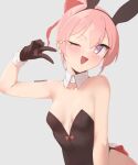  1girl ;d animal_ears bare_shoulders black_gloves blue_background detached_collar fake_animal_ears gloves looking_at_viewer one_eye_closed original pink_hair playboy_bunny purple_eyes rabbit_ears simple_background skeptycally smile solo v 