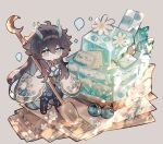  1boy black_hair cake chibi chinese_clothes dan_heng_(honkai:_star_rail) dan_heng_(imbibitor_lunae)_(honkai:_star_rail) dessert dragon_boy dragon_horns flower food green_eyes green_horns highres honkai:_star_rail honkai_(series) horns long_hair long_sleeves male_focus official_alternate_costume official_alternate_hairstyle pointy_ears red_eyeliner shuiyuan solo spoon 