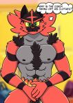 abs anthro armpit_hair biped black_body black_fur body_hair chest_hair covering covering_crotch donfurro felid fire fur generation_7_pokemon genitals green_eyes grey_body happy_trail hi_res humanoid_genitalia humanoid_penis incineroar looking_at_viewer male mammal muscular muscular_anthro muscular_male nintendo nipples nude pantherine pecs penis pokemon pokemon_(species) red_body red_fur simple_background solo striped_body stripes text thought_bubble tiger yellow_sclera 