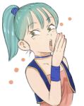  1girl blue_hair bulma choker collarbone dragon_ball dragon_ball_(classic) gan2 green_eyes laughing long_hair looking_at_viewer nail_polish open_mouth ponytail simple_background smile solo white_background 