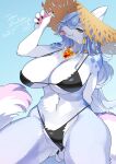  absurd_res anthro big_breasts bikini breasts canid canine canis clothed clothing female fur hair hi_res kemono lemoco looking_at_viewer mammal smile solo swimwear tongue 