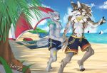  absurd_res anthro beach blush brown_body brown_fur bulge canid canine canis clothing duo ear_piercing fur gold_(metal) gold_jewelry grey_body grey_fur hi_res jackal jewelry lifewonders looking_at_another male mammal piercing sand sea seaside seth_(tas) swimwear tail tea_reid tokyo_afterschool_summoners water white_body white_fur 