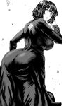  1girl ass ass_focus back_cutout black_dress black_hair blunt_bangs breasts clothing_cutout daraz dress facing_away floating_rock fubuki_(one-punch_man) greyscale highres large_breasts looking_at_viewer looking_back monochrome one-punch_man rock short_hair sideboob simple_background solo white_background 