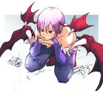  1girl bare_shoulders blue_pantyhose dated demon_girl demon_wings head_wings highres leotard lilith_aensland pantyhose pout purple_hair red_eyes red_wings short_hair solo spikes squatting strapless strapless_leotard u_emmm vampire_(game) wings 