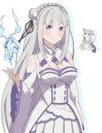  1girl absurdres bare_shoulders braid breasts cleavage crown_braid crystal dress emilia_(re:zero) flower gem green_gemstone hair_flower hair_ornament hairclip highres pointy_ears puck_(re:zero) purple_eyes re:zero_kara_hajimeru_isekai_seikatsu smile standing white_background white_dress white_flower white_hair z42893347 