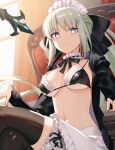  1girl apron armchair artoria_pendragon_(alter_swimsuit_rider)_(fate) artoria_pendragon_(fate) black_bow black_jacket black_ribbon blue_eyes bow breasts chair choker closed_mouth cluseller fate/grand_order fate_(series) grey_hair hair_between_eyes hair_bow highres jacket large_breasts legband long_hair long_sleeves maid morgan_le_fay_(fate) ribbon sitting solo swimsuit thighhighs white_apron white_choker white_headwear window 