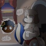  absurd_res animal_crossing anthro canid canine canis choco_bunbun clothing digby_(animal_crossing) domestic_dog duo erection hi_res male mammal morning morning_wood nintendo tired underwear waking_up 