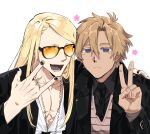  2boys :&lt; :d \m/ abs arm_around_shoulder black_jacket black_nails black_necktie black_shirt blonde_hair brown_sweater_vest collared_shirt colored_eyelashes curtained_hair daybit_sem_void fangs fate/grand_order fate_(series) flower_(symbol) green_eyes hair_between_eyes highres hunyangzi jacket jewelry jitome light_blush long_hair looking_at_viewer male_focus multiple_boys necklace necktie open_clothes open_jacket orange-tinted_eyewear pectoral_cleavage pectorals plunging_neckline purple_eyes shirt short_eyebrows short_hair simple_background smile sunglasses sweater_vest swept_bangs tezcatlipoca_(fate) tinted_eyewear upper_body v white_background white_shirt 
