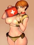  1girl alternate_costume breasts brown_hair choker commentary covered_nipples first_aid_kit fumio_(rsqkr) green_eyes hair_over_one_eye highres holding large_breasts looking_at_viewer open_mouth rebecca_chambers resident_evil shirt short_hair short_sleeves signature simple_background solo thick_thighs thighs thumbs_up uniform wide_hips 