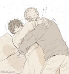  2boys bed bed_sheet black_hair black_sweater given highres hug kaji_akihiko male_focus multiple_boys murata_ugetsu muted_color pinoli_(pinoli66) star_(symbol) sweater translation_request upper_body white_background white_sweater yaoi 