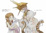  1boy 1girl absurdres brother_and_sister brown_hair company_captain_yorshka covered_eyes dark_souls_(series) dark_souls_i dark_souls_iii dark_sun_gwyndolin dragon_girl dress gold_headwear helmet_over_eyes highres long_hair otoko_no_ko pointy_ears robe scales siblings smile snake sun_symbol tail white_hair white_robe zunkome 