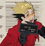  1boy :d barbie_mugshot_(meme) black_eyes black_gloves black_hair blonde_hair blood blood_on_face brown_background character_name glasses gloves hand_up highres holding jacket lea_reymauzaize long_sleeves looking_at_viewer male_focus meme multicolored_hair one_eye_closed open_mouth orange-tinted_eyewear red_jacket round_eyewear short_hair smile solo tinted_eyewear trigun two-tone_hair upper_body vash_the_stampede 