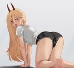  1girl all_fours ass black_shorts chainsaw_man demon_girl demon_horns fangs hair_between_eyes highres hioyami horns long_hair looking_at_viewer looking_back open_mouth power_(chainsaw_man) shirt short_shorts short_sleeves shorts simple_background smile solo t-shirt tongue tongue_out white_background 