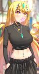  1girl anisdrawn artist_name black_pants black_shirt blonde_hair blurry blurry_background breasts bubble chewing_gum core_crystal_(xenoblade) crop_top english_commentary eyelashes glint highres jewelry long_hair midriff mythra_(xenoblade) navel navel_piercing necklace pants piercing shirt solo tiara xenoblade_chronicles_(series) xenoblade_chronicles_2 yellow_eyes 