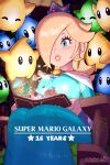  1girl absurdres anniversary aqua_dress blonde_hair blue_eyes book chair copyright_name crown dress earrings english_text hair_over_one_eye highres holding holding_book jewelry long_bangs long_hair luma_(mario) mario_(series) open_book rosalina sarukaiwolf sitting star_(symbol) star_earrings super_mario_galaxy 