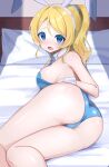  1girl :o animal_ears arm_rest ass ass_focus ayase_eli bare_arms bare_legs bare_shoulders bed blonde_hair blue_bow blue_bowtie blue_eyes blue_leotard blush bow bowtie breasts collar colored_eyelashes detached_collar embarrassed fake_animal_ears feet_out_of_frame furrowed_brow hair_ornament hair_scrunchie highres indoors legs legs_together leotard looking_at_viewer love_live! lying medium_breasts medium_hair on_bed on_side open_mouth pillow playboy_bunny ponytail rabbit_ears scrunchie shadow sideboob sidelocks solo sudou_(s7_d8) swept_bangs tongue white_collar white_scrunchie white_wrist_cuffs 
