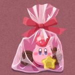  :o arms_up bag blue_eyes blush_stickers bow chocolate colored_skin food heart highres holding holding_heart in_bag in_container kirby kirby_(series) miclot no_humans open_mouth pink_background pink_bow pink_footwear pink_skin plastic_bag shadow shoes solo star_(symbol) valentine 
