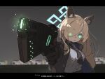  1girl amonitto animal_ear_fluff animal_ears black_gloves black_necktie blonde_hair blue_archive blue_shirt collared_shirt commentary_request dog_ears dominator_(gun) film_grain gloves glowing glowing_eyes green_eyes gun hair_over_one_eye halo handgun highres holding holding_gun holding_weapon jacket kanna_(blue_archive) letterboxed long_bangs long_hair long_sleeves looking_at_viewer necktie open_clothes open_jacket parody psycho-pass sharp_teeth shirt sidelocks solo teeth translation_request weapon 