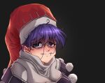  1girl bags_under_eyes closed_mouth commentary doremy_sweet dress grey_background hair_between_eyes hair_in_own_mouth hat highres jackyyeah long_bangs looking_at_viewer messy_hair nightcap pointy_ears pom_pom_(clothes) purple_eyes purple_hair red_headwear short_hair solo touhou turtleneck upper_body white_dress 
