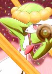  1girl arm_up blush bob_cut bright_pupils churro colored_skin commentary_request doughnut emphasis_lines flat_chest food food_focus food_on_head gardevoir green_hair green_skin hair_over_one_eye half-closed_eyes hand_up heart highres holding holding_doughnut holding_food light_blush looking_at_viewer multicolored_skin object_on_head one_eye_covered open_mouth oversized_food oversized_object partial_commentary pokemon pokemon_(creature) red_background red_eyes short_hair solo sprinkles standing two-tone_skin upper_body white_pupils white_skin yuri_(pixiv_76483886) 