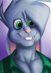  absurd_res anthro bright_eyes buckteeth chance_the_rabbit clothing digital_media_(artwork) digital_painting_(artwork) divine_acid ears_tied_back fur fur_texture gradient_background green_clothing green_eyes grey_body grey_fur hi_res illustration lagomorph leporid lordmarukio male mammal pecs rabbit realistic_shading simple_background smile solo teeth 