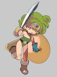  1girl belt blue_eyes boots chibi circlet curly_hair dragon_quest dragon_quest_iv full_body gloves green_hair heroine_(dq4) highres leotard looking_at_viewer mota one_eye_closed open_mouth shield short_hair simple_background single_thighhigh solo sword thighhighs weapon 