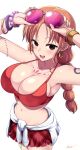  1girl :d adjusting_goggles arms_up bare_shoulders bikini blush bodypaint braid breasts brown_eyes cleavage clothes_around_waist cowboy_shot earrings eyewear_on_head facepaint from_above highres jewelry kasai_shin large_breasts long_hair looking_at_viewer microskirt midriff nami_(one_piece) navel one_piece one_piece_film:_red orange_eyes orange_hair plaid plaid_skirt red_bikini red_skirt shirt shirt_around_waist shoulder_tattoo simple_background skirt smile solo sunglasses swimsuit tattoo twin_braids twintails white_shirt wristband 