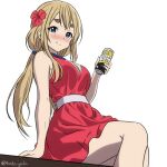  1girl blonde_hair blue_eyes blush brand_name_imitation breasts can cleavage dress drink flower hair_flower hair_ornament hand_up k-on! kotobuki_tsumugi kotorigaka long_hair medium_breasts ponytail red_dress sitting smile solo thick_eyebrows v-neck white_background 