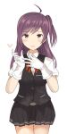  1girl ahoge black_skirt blouse blush cowboy_shot gloves hagikaze_(kancolle) highres kantai_collection long_hair looking_at_viewer neck_ribbon one_side_up open_mouth pleated_skirt purple_eyes purple_hair red_ribbon ribbon school_uniform shironeko_(whitecat_999) shirt simple_background skirt solo swept_bangs vest white_background white_gloves white_shirt 