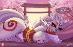  amaterasu_(okami) anthro anthrofied big_breasts breasts canid canine canis capcom cherry_blossom clothed clothing deity female fur lying lyorenth-the-dragon mammal markings okami_(capcom) outside pillow pillow_hug plant red_markings seductive solo white_body white_fur wolf 