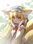  1girl :d animal_ear_fluff animal_ears aqua_hairband aqua_skirt arknights blonde_hair blush cardigan commentary fox_ears fox_girl fox_tail frilled_hairband frills from_side fumi_(fyvr2372) green_eyes hair_ornament hair_scrunchie hairband high-waist_skirt highres kitsune kyuubi long_sleeves looking_at_viewer multicolored_hair multiple_tails neck_ribbon official_alternate_costume open_cardigan open_clothes open_mouth puffy_long_sleeves puffy_sleeves red_ribbon ribbon scrunchie shirt skirt smile solo suzuran_(arknights) suzuran_(spring_praise)_(arknights) symbol-only_commentary tail two-tone_hair upper_body white_hair white_shirt yellow_cardigan 