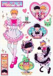  2boys alternate_costume animal_ears apron black_dress black_footwear black_hair blonde_hair cake cake_slice cat_boy cat_ears cat_tail closed_mouth cm_wm commentary crossdressing cup dress drinking_glass ekubo_(mob_psycho_100) enmaided food food_on_head frilled_apron frilled_dress frills grid_background heart heart_hands heart_hands_duo highres holding holding_food holding_tray kageyama_shigeo kemonomimi_mode long_sleeves looking_at_viewer maid maid_apron maid_headdress male_focus mob_psycho_100 multiple_boys multiple_views object_on_head one_eye_closed open_mouth pink_dress pink_footwear pink_nails puffy_short_sleeves puffy_sleeves reigen_arataka short_hair short_sleeves simple_background smile spirit standing symbol-only_commentary tail thighhighs tray white_background white_thighhighs 