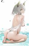  1girl animal_ears arknights ass bare_legs barefoot breasts closed_mouth feet from_behind green_eyes grey_hair highres kal&#039;tsit_(arknights) legs looking_at_viewer medium_breasts omone_hokoma_agm one-piece_swimsuit short_hair sideboob sitting soles solo swimsuit tagme toes wariza white_one-piece_swimsuit 